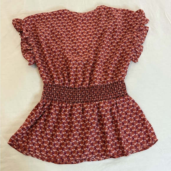 Max Studio Floral V-Neck Peplum Blouse Tie Waist Ruffle Sleeve - Size M - Picture 3 of 7